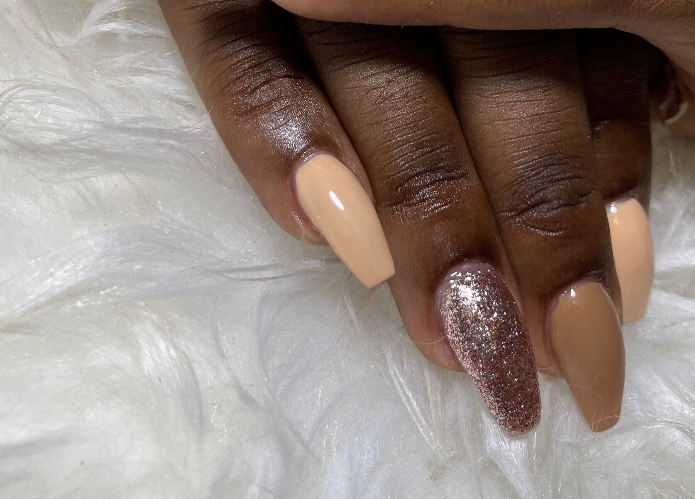 Stylish glitter and nude nails at The Beauty Lab by Rìa-Ashlée, Saint James, Saint James, BB.