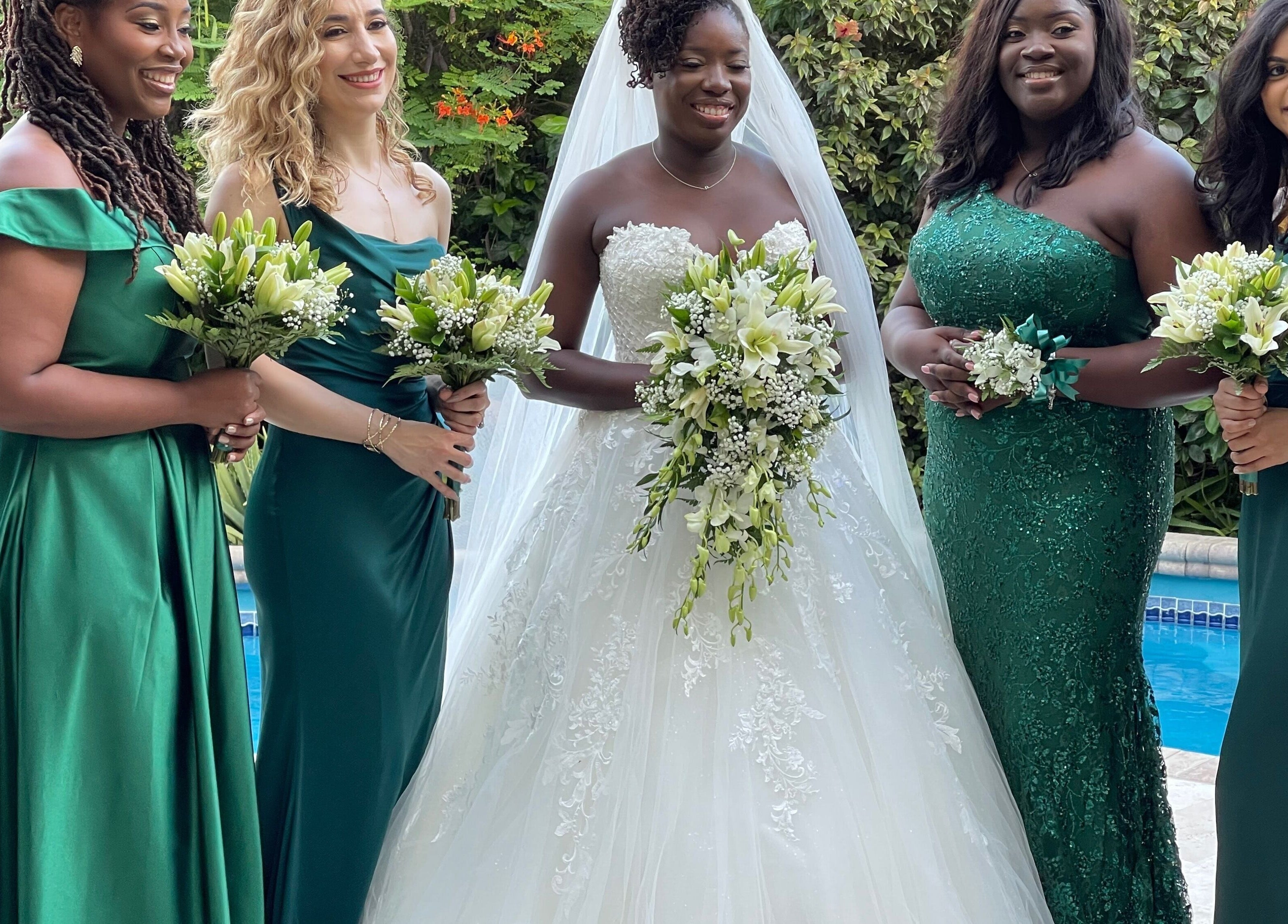Bride and bridesmaids in elegant dresses by pool at The Beauty Lab by Rìa-Ashlée, Saint James, Saint James, BB.
