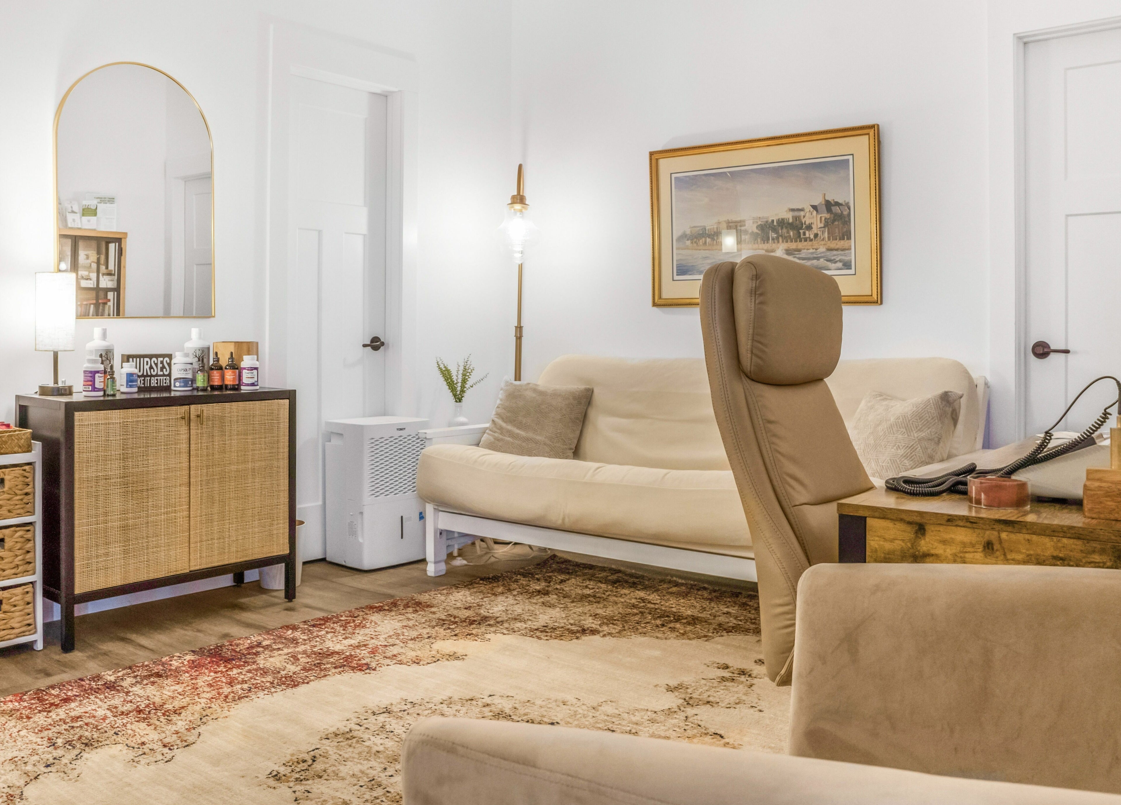 Cozy and elegant sitting area at Eternal Wellness, Inman, United States, US, with soft lighting and contemporary decor.