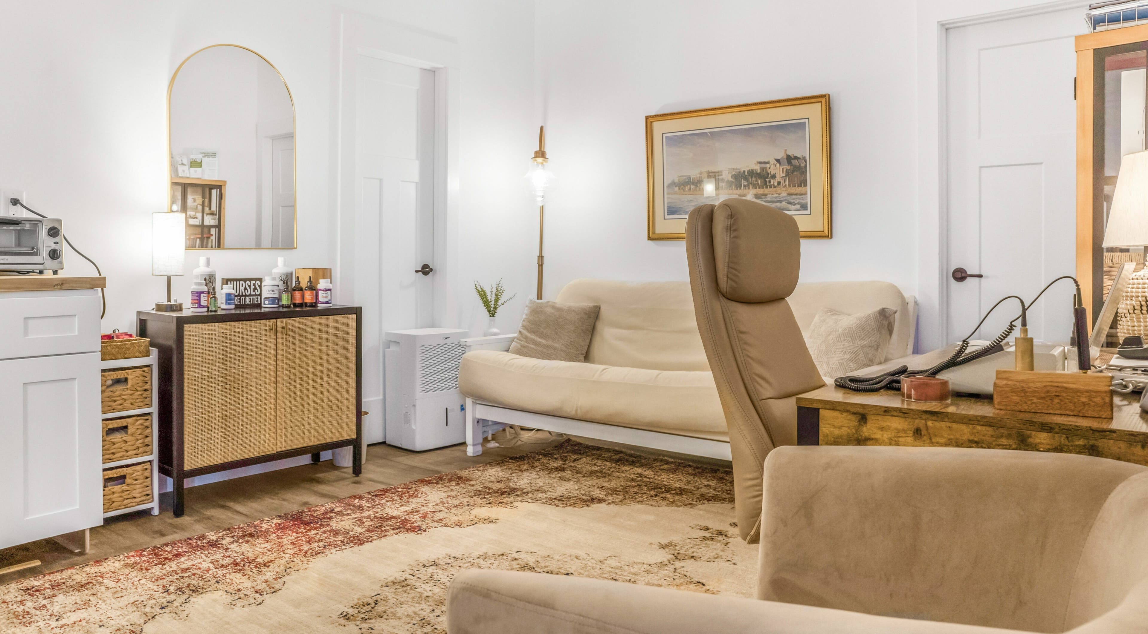 Cozy and elegant sitting area at Eternal Wellness, Inman, United States, US, with soft lighting and contemporary decor.
