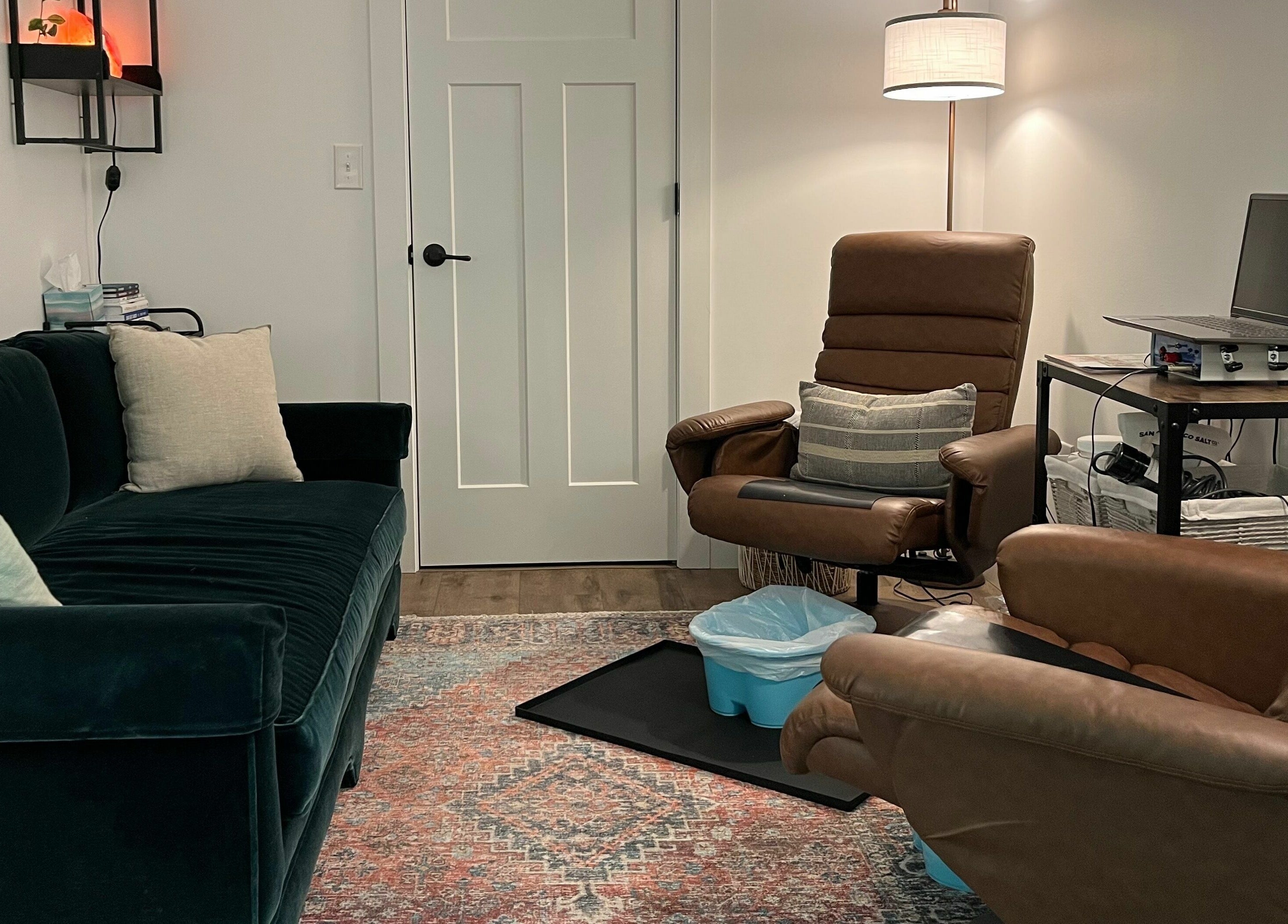 Modern cozy lounge at Eternal Wellness, Inman, United States, US with plush seating and warm lighting.