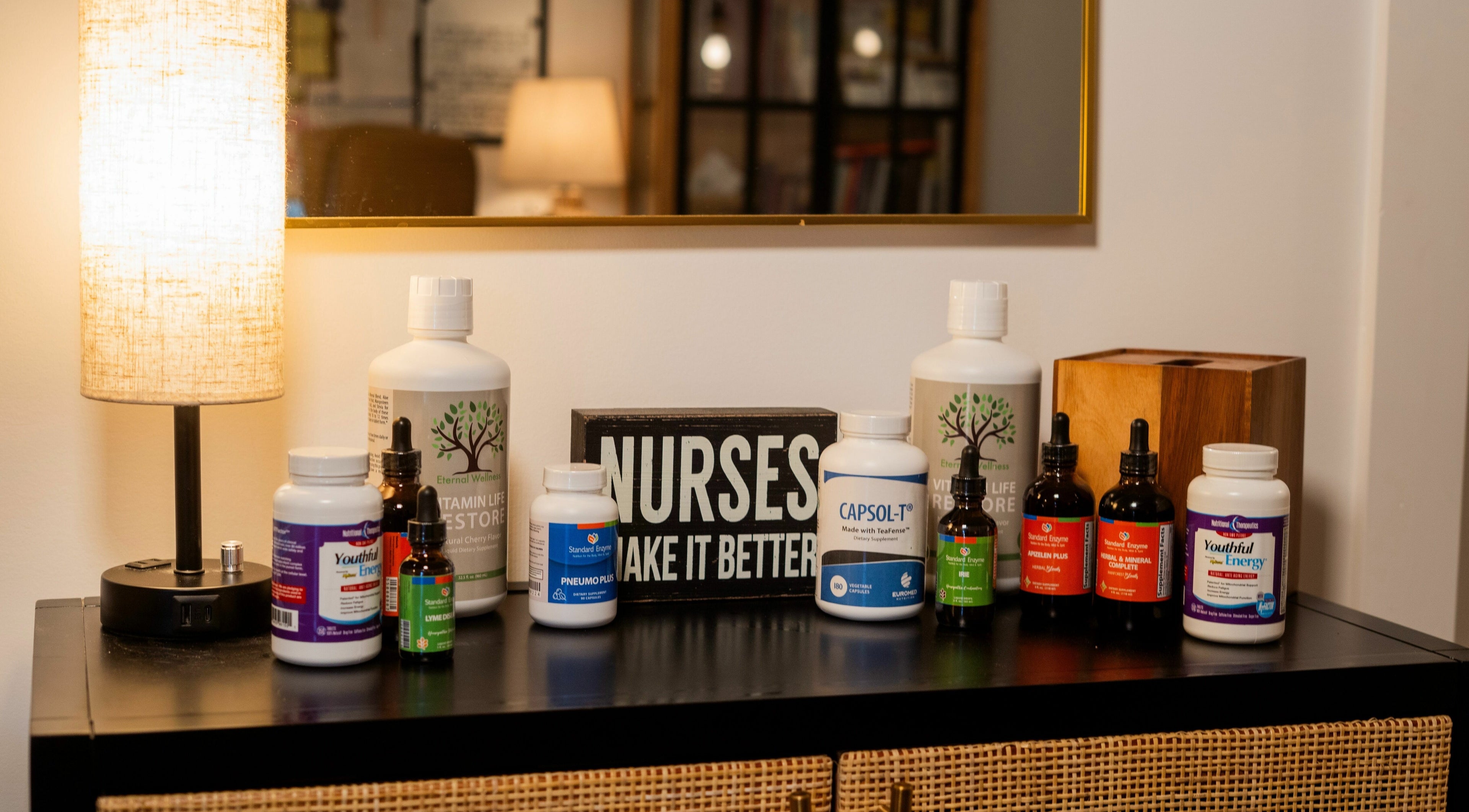 Nutritional supplements lined up at Eternal Wellness, Inman, US, enhancing holistic healing atmosphere.
