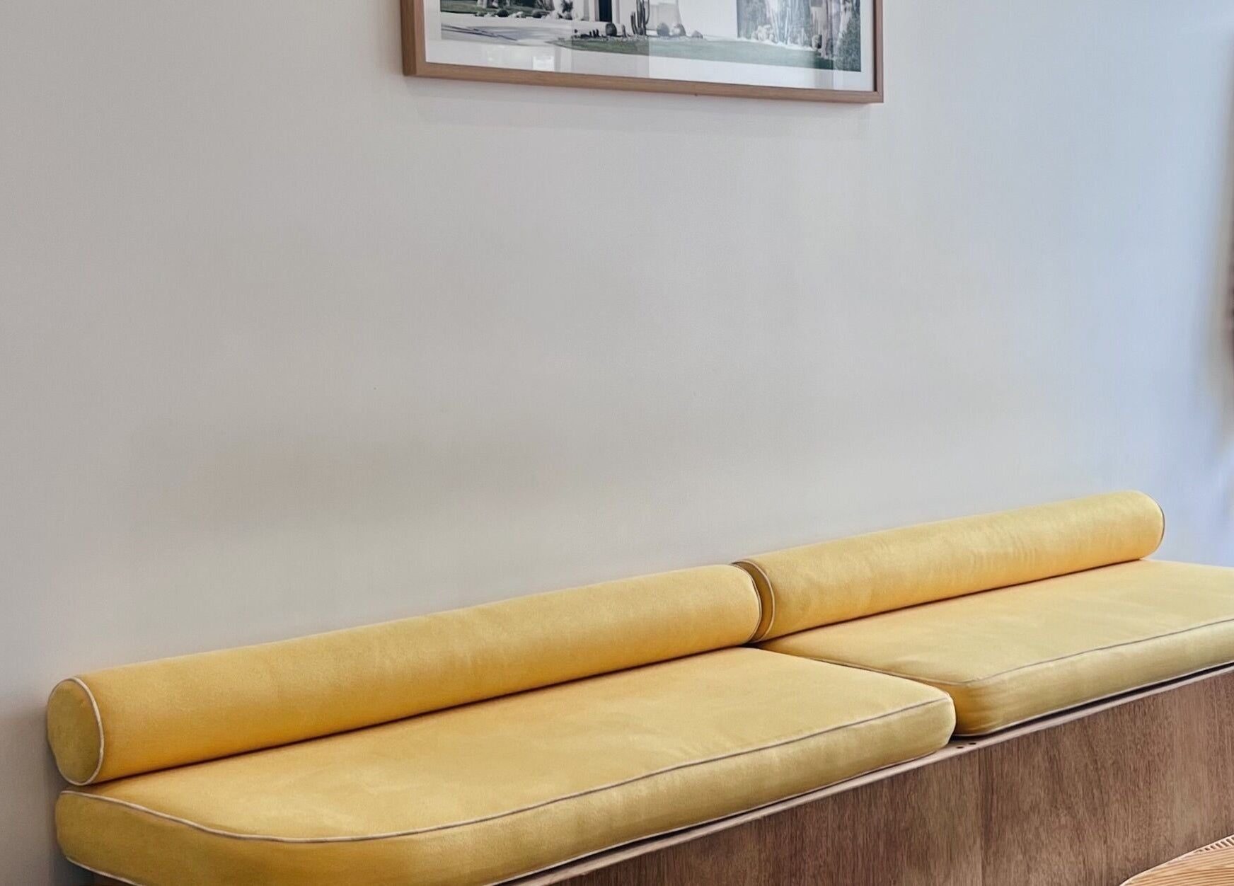 Cozy yellow bench and decor at Nimbus Co Manly, Manly, New South Wales, AU.