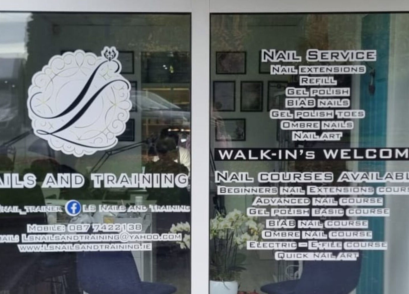 Entrance of LS Nails and Training in Carrigtowhill, County Cork, IE displaying nail services and courses.