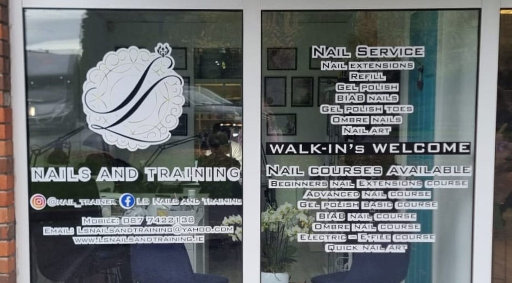 Entrance of LS Nails and Training in Carrigtowhill, County Cork, IE displaying nail services and courses.