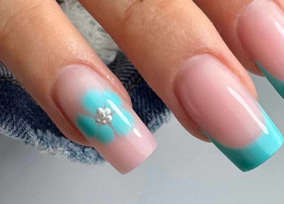 Elegant aqua floral nails at LS Nails and Training in Carrigtowhill, County Cork, IE.