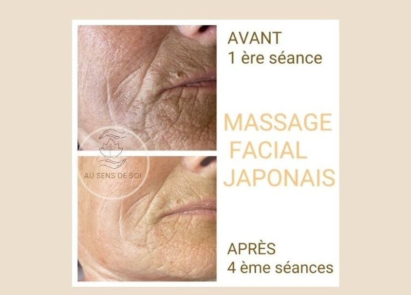 Avant et après massage facial japonais chez Au Sens De Soi, Châteauneuf-du-Pape, Provence-Alpes-Côte d'Azur.