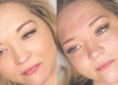 Before and after eyebrow styling at Thoroughbred Brows, Newmarket, England, GB showcasing a remarkable change.