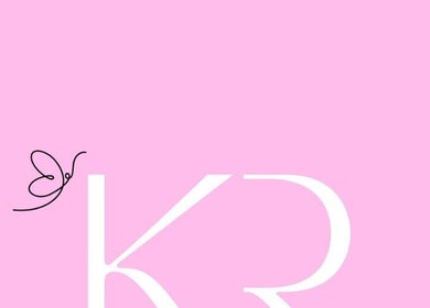 K.R Brows and Beauty LLC logo with elegant script on pink background in Arlington, Texas, US.