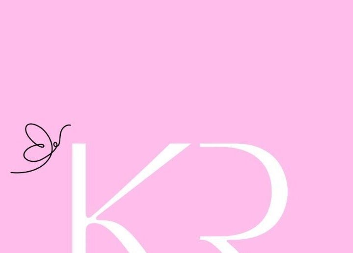K.R Brows and Beauty LLC logo with elegant script on pink background in Arlington, Texas, US.