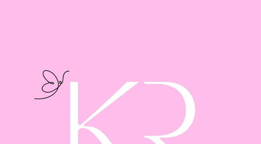 K.R Brows and Beauty LLC logo with elegant script on pink background in Arlington, Texas, US.