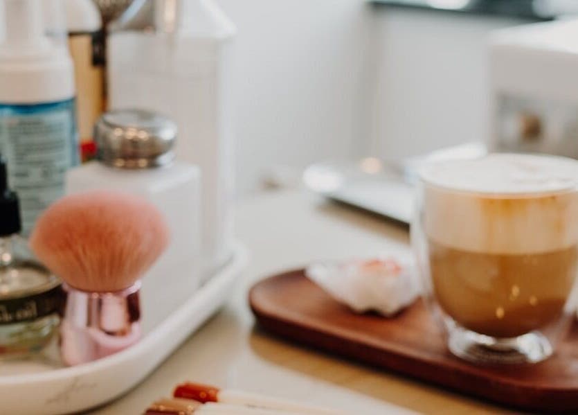Beauty tools and a latte at The Pamper Room, Bern, Switzerland, CH creating a soothing atmosphere.