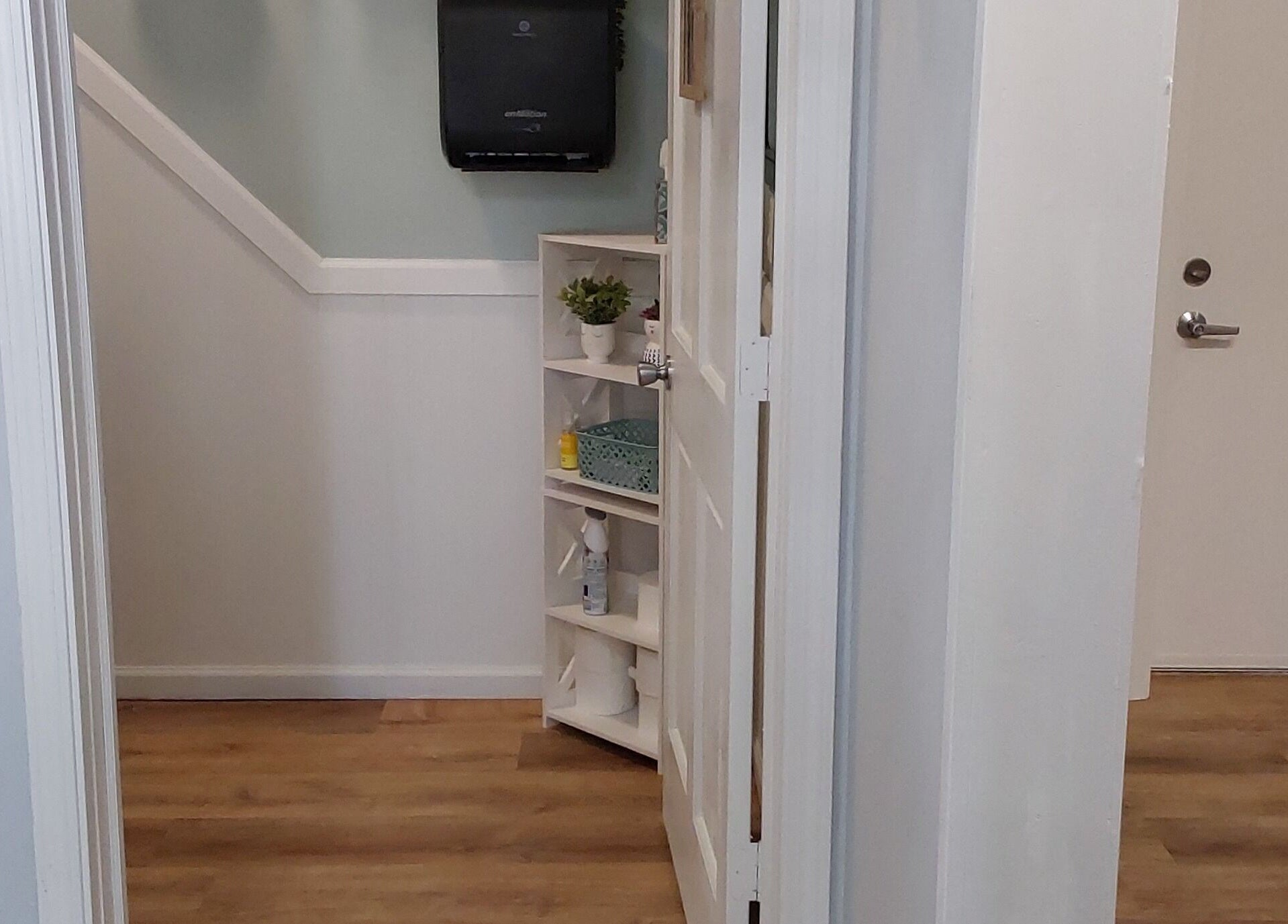 Clean, modern hallway at Serendipity Hair and Nails, Davison, Michigan, US, featuring stylish decor and shelving.