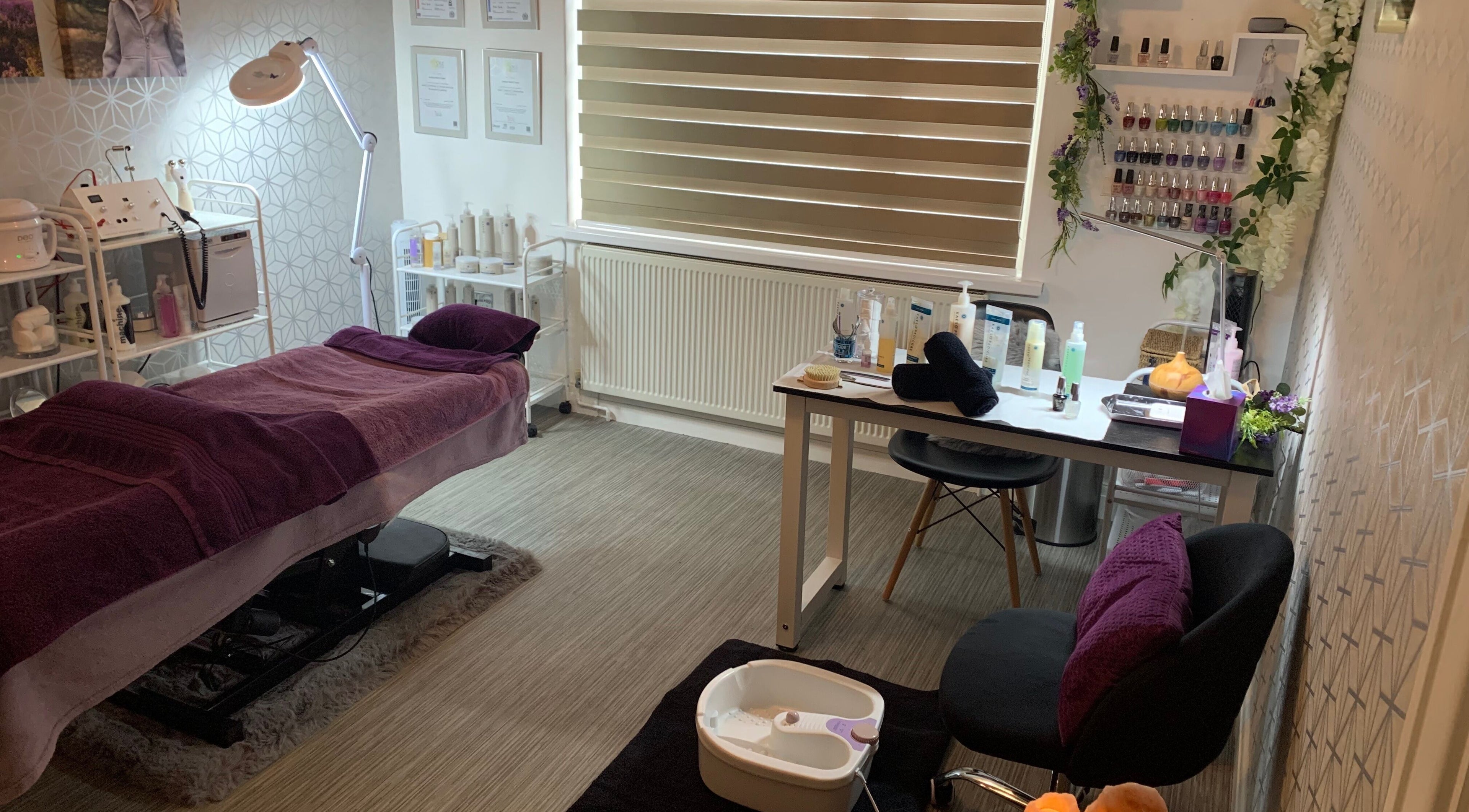 Calming beauty treatment room at Beauty T-LC in Grimsby, England, GB, ready for a pampering session.