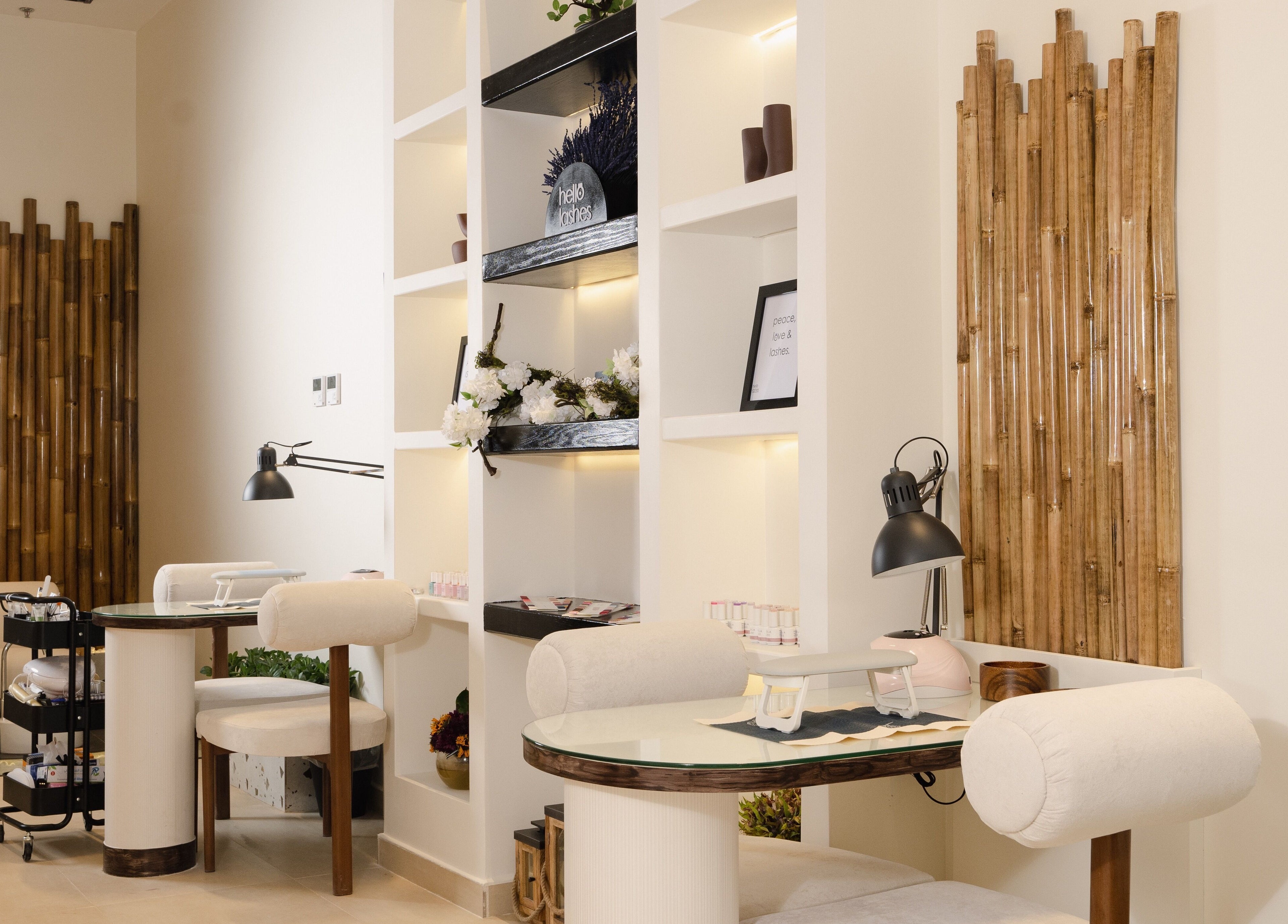 Stylish workspace at Hello Lashes, Riyadh, Riyadh Province, SA with wooden accents and modern decor.