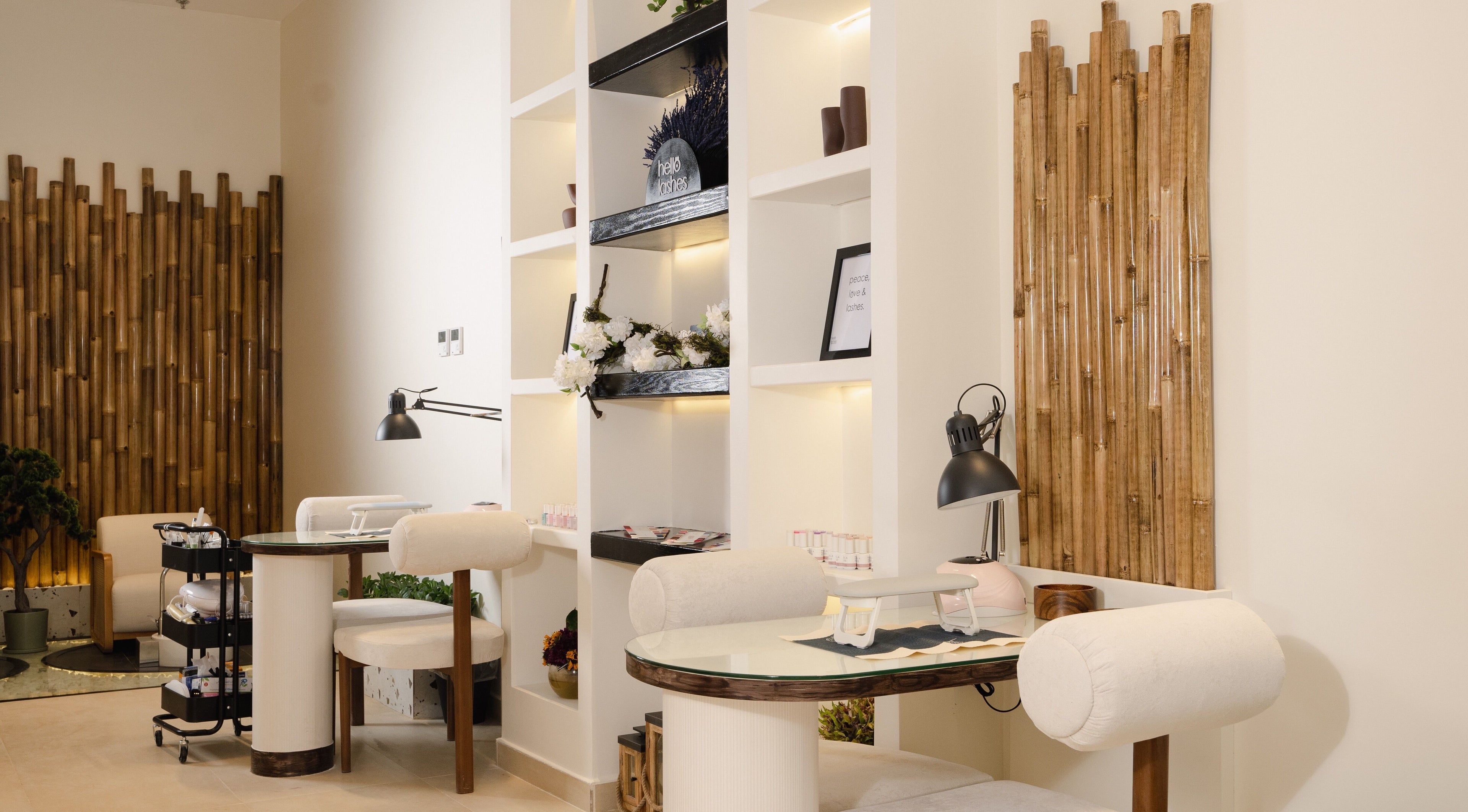 Stylish workspace at Hello Lashes, Riyadh, Riyadh Province, SA with wooden accents and modern decor.