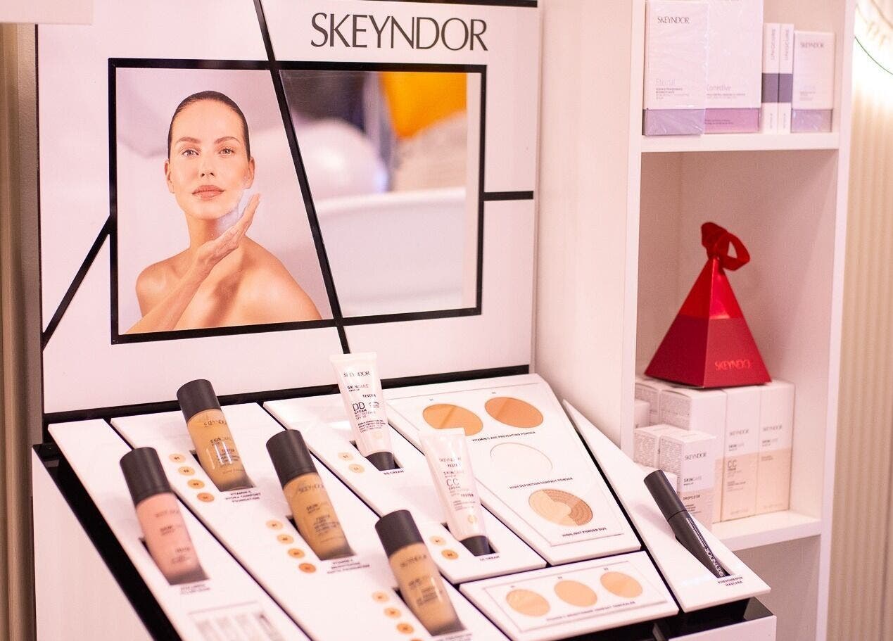 Skeyndor product display at WalkIn Pamper Beauty & Brow Bar, Wagga Wagga, New South Wales, AU.