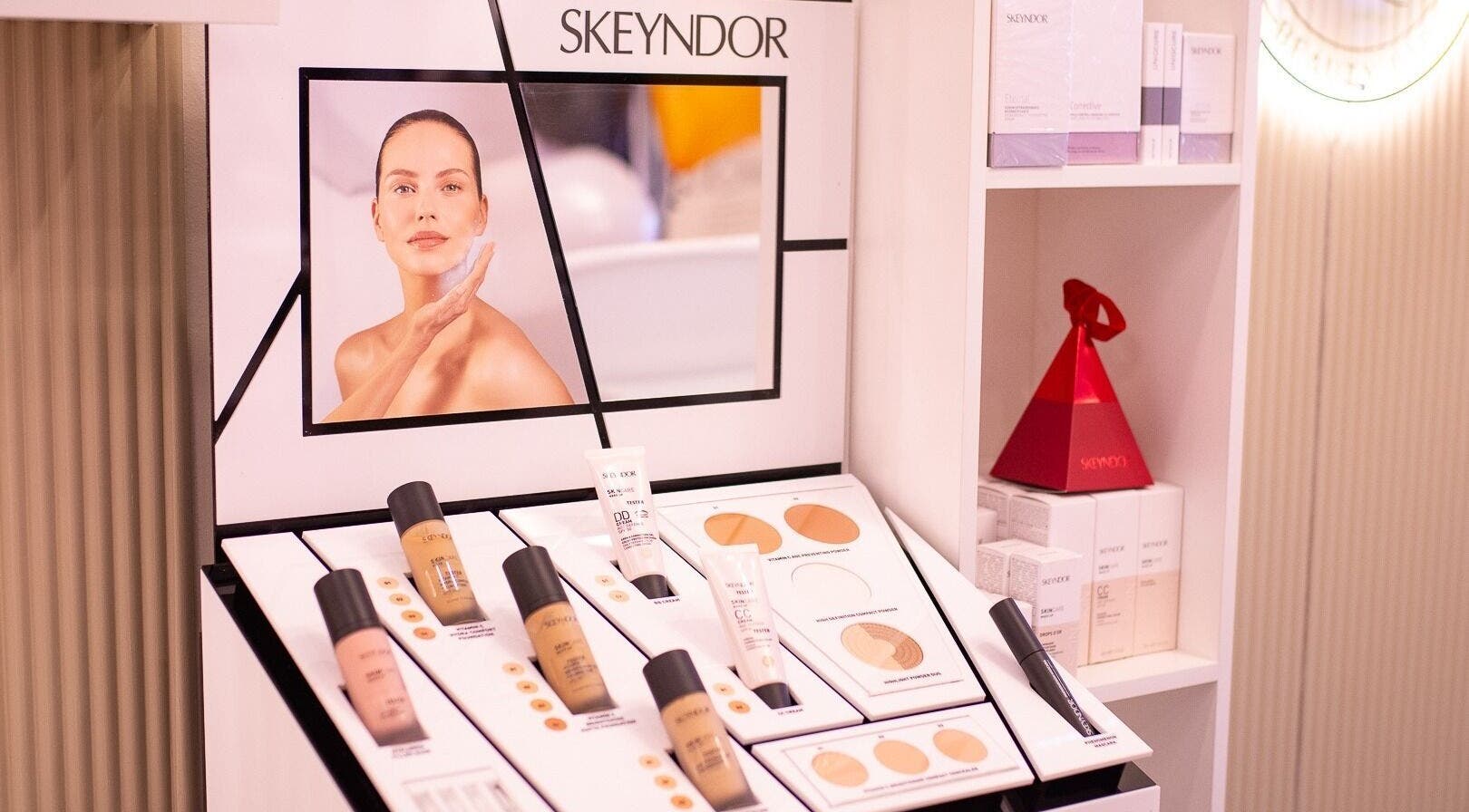 Skeyndor product display at WalkIn Pamper Beauty & Brow Bar, Wagga Wagga, New South Wales, AU.