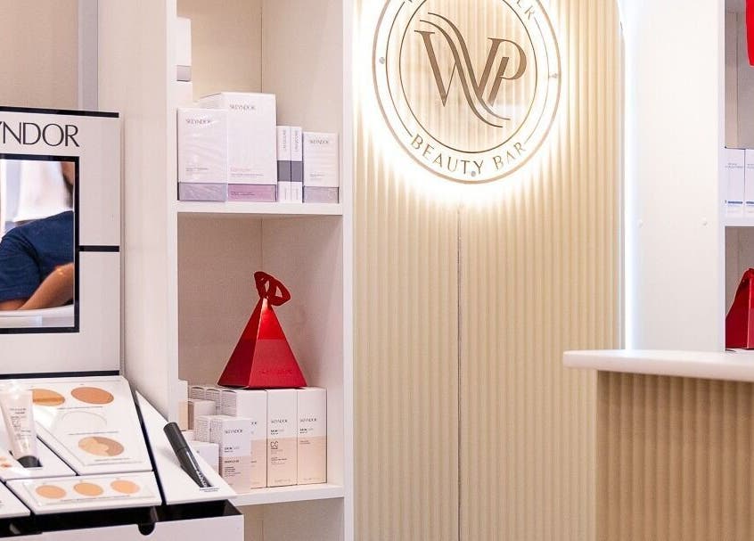 Display at WalkIn Pamper Beauty & Brow Bar, Wagga Wagga, New South Wales, AU showcasing skincare products.