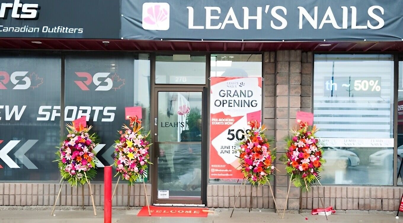 Leah's Nails Davis grand opening with vibrant floral displays in Newmarket, Ontario, CA.