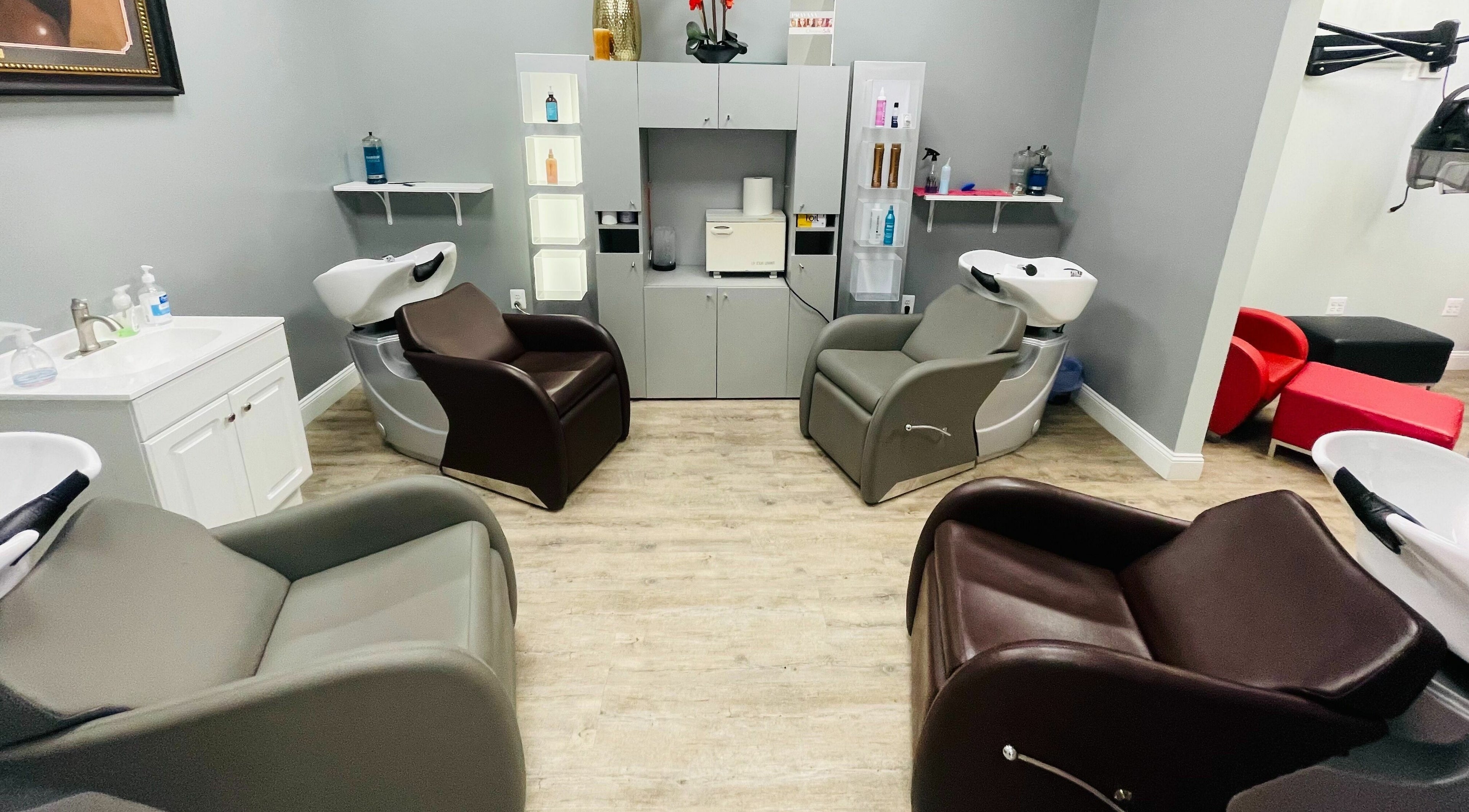 Modern wash stations at Headline Hair Salon Inc in Elkridge, Maryland, US offer a relaxing experience.