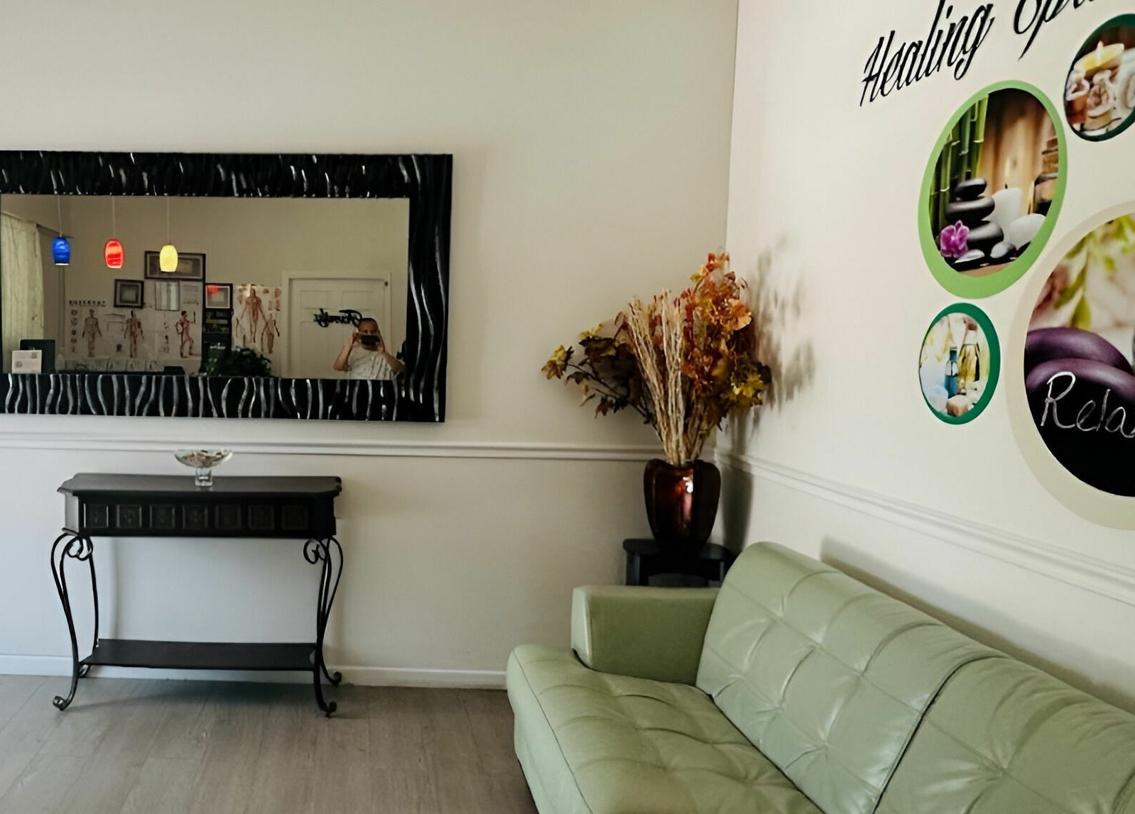 Relaxing lobby of Healing Spa & Massage, West Palm Beach, Florida, US with cozy decor and soothing ambiance.