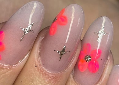 Neon floral nail art with glitter at KeeKeesBeauty, Swindon, England, GB.
