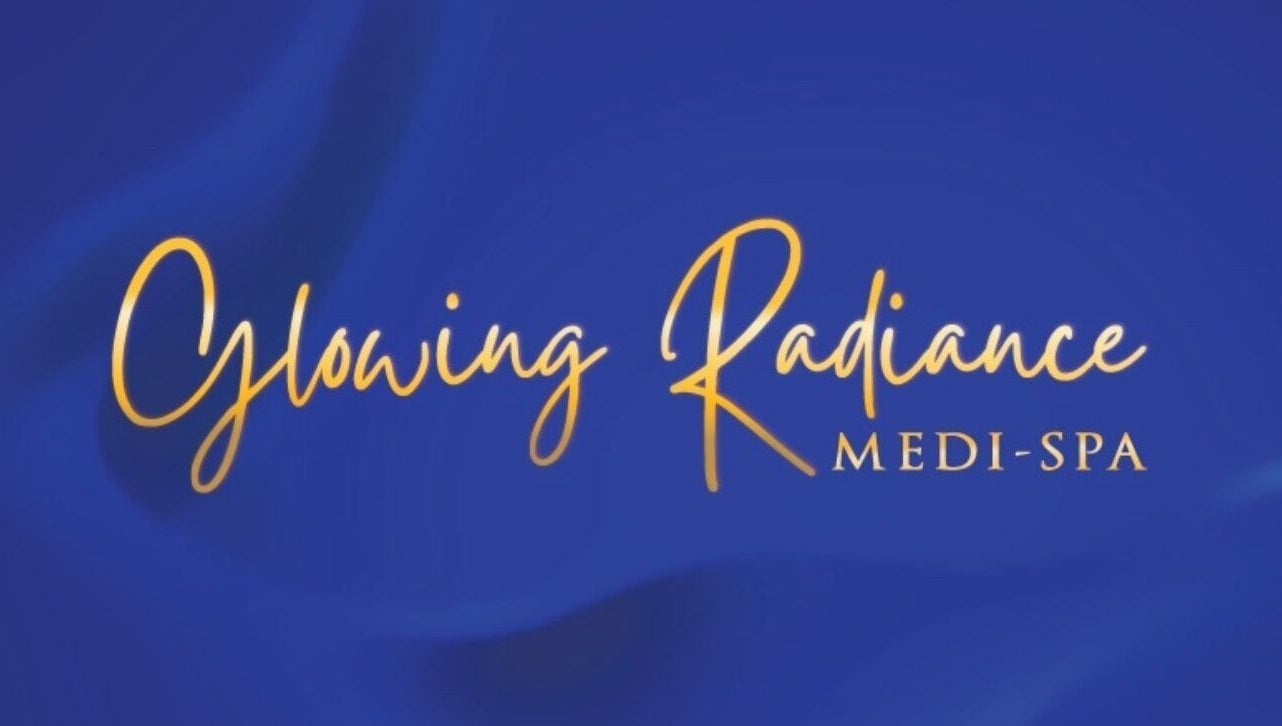 Glowing Radiance Medi-Spa logo on a vibrant blue background, Markham, Ontario, CA.