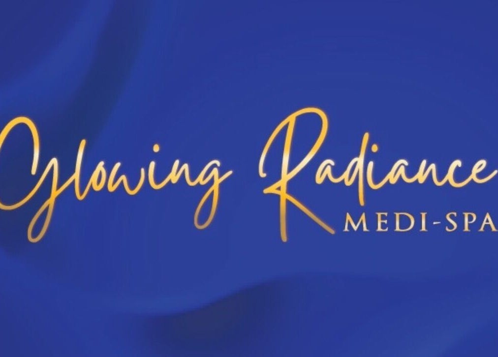 Glowing Radiance Medi-Spa logo on a vibrant blue background, Markham, Ontario, CA.