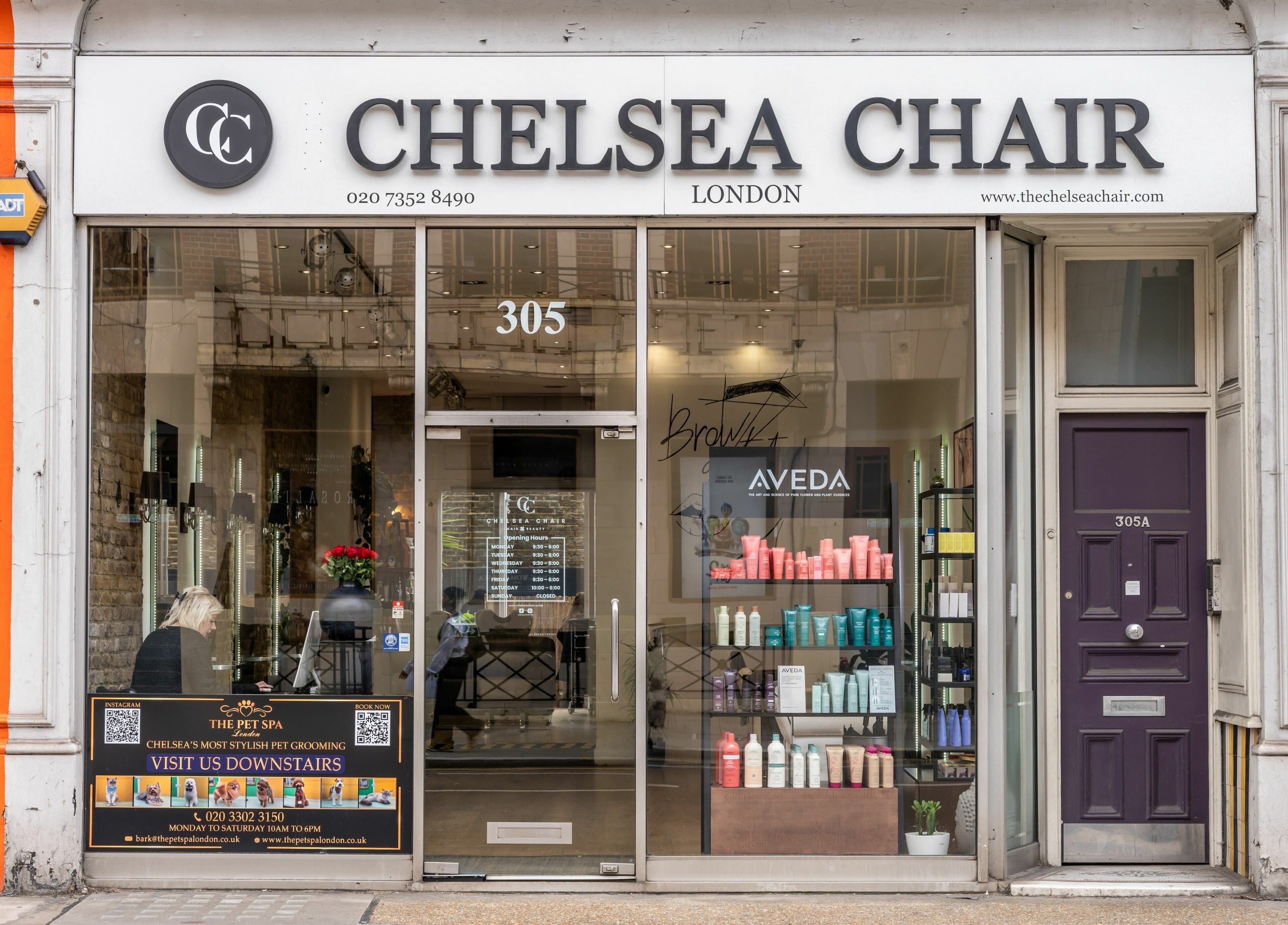 Exterior view of Chelsea Chair in London, England, GB, showcasing the storefront and beauty products display.