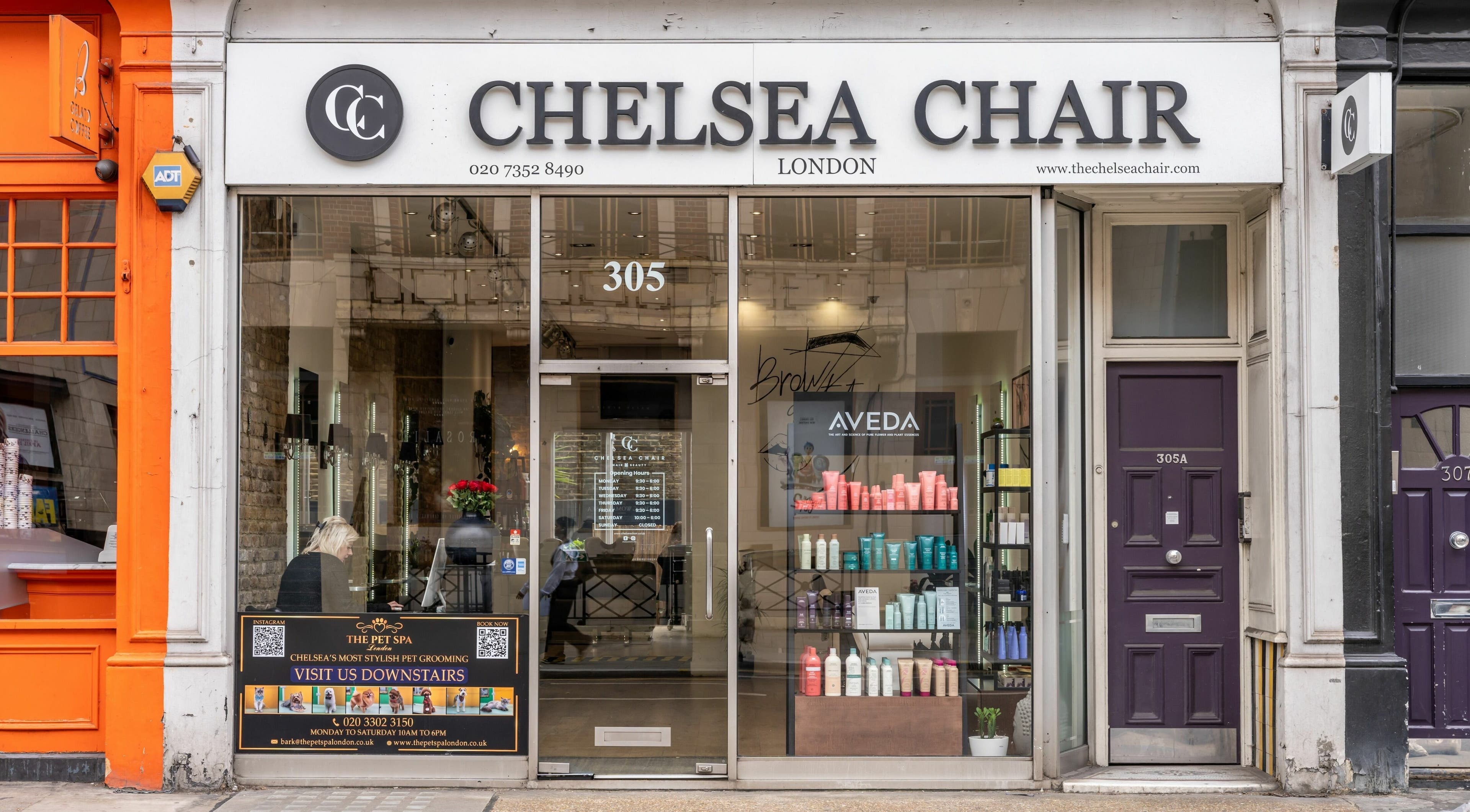 Exterior view of Chelsea Chair in London, England, GB, showcasing the storefront and beauty products display.