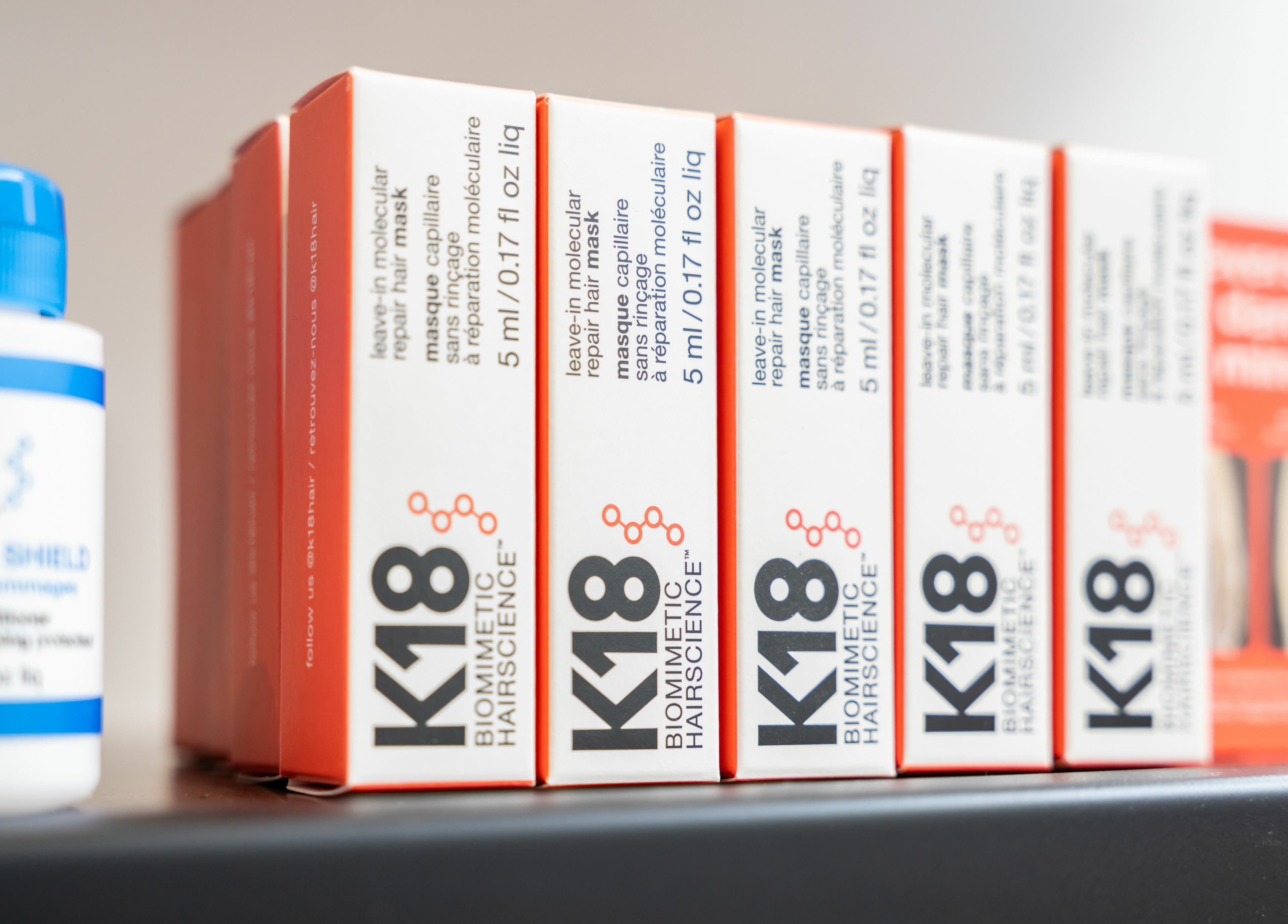 K18 hair products on display at Chelsea Chair, London, England, GB. Ideal for biomimetic hair solutions.