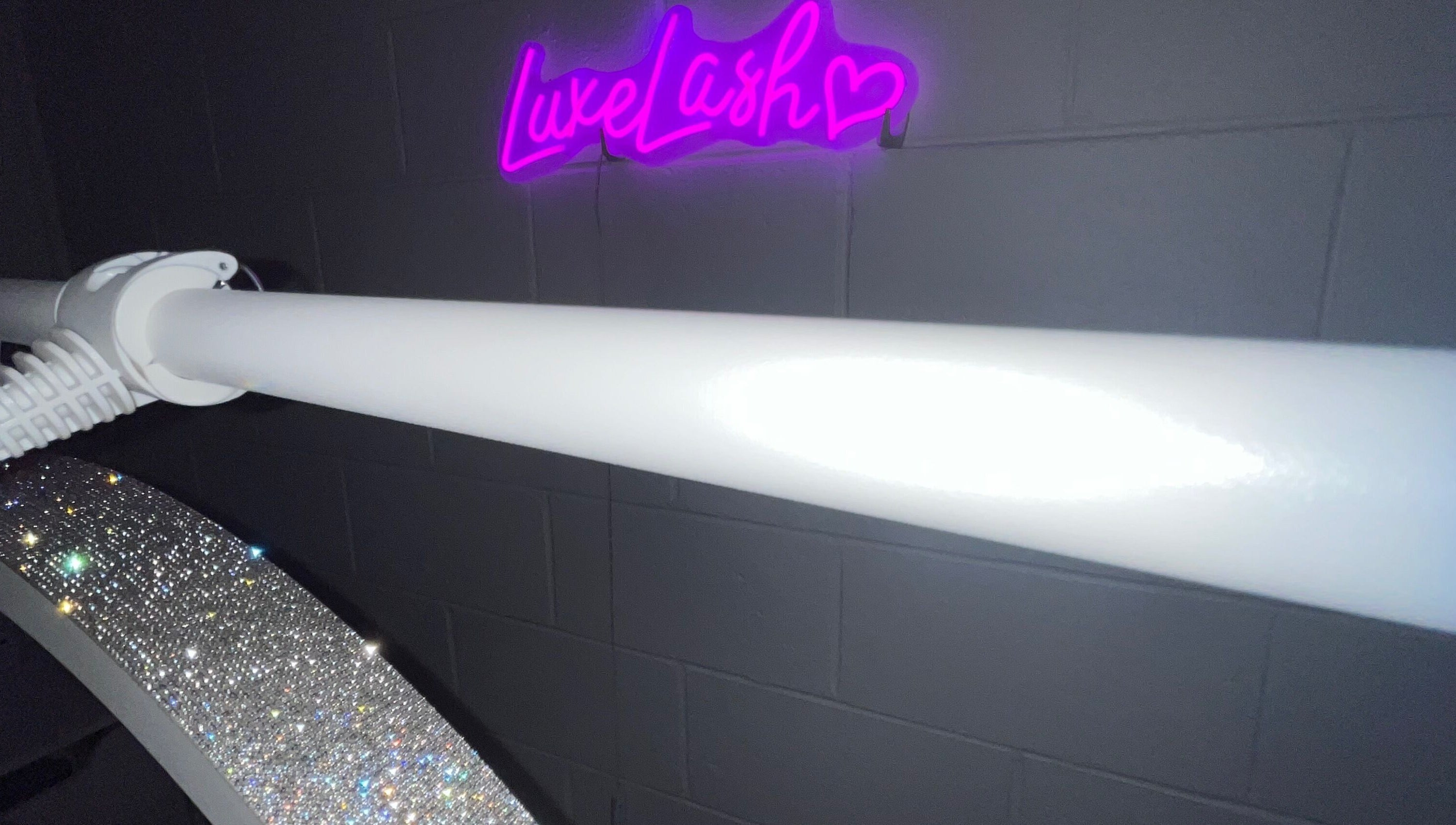 Sparkling decor and Luxe Lashes neon at Maroochydore, Queensland, AU beauty spot.