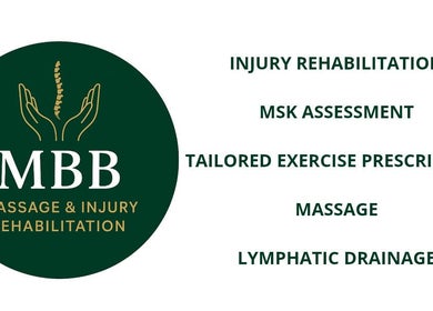 MBB MASSAGE & INJURY REHABILITATION logo in Haydock, England, GB with services listed.