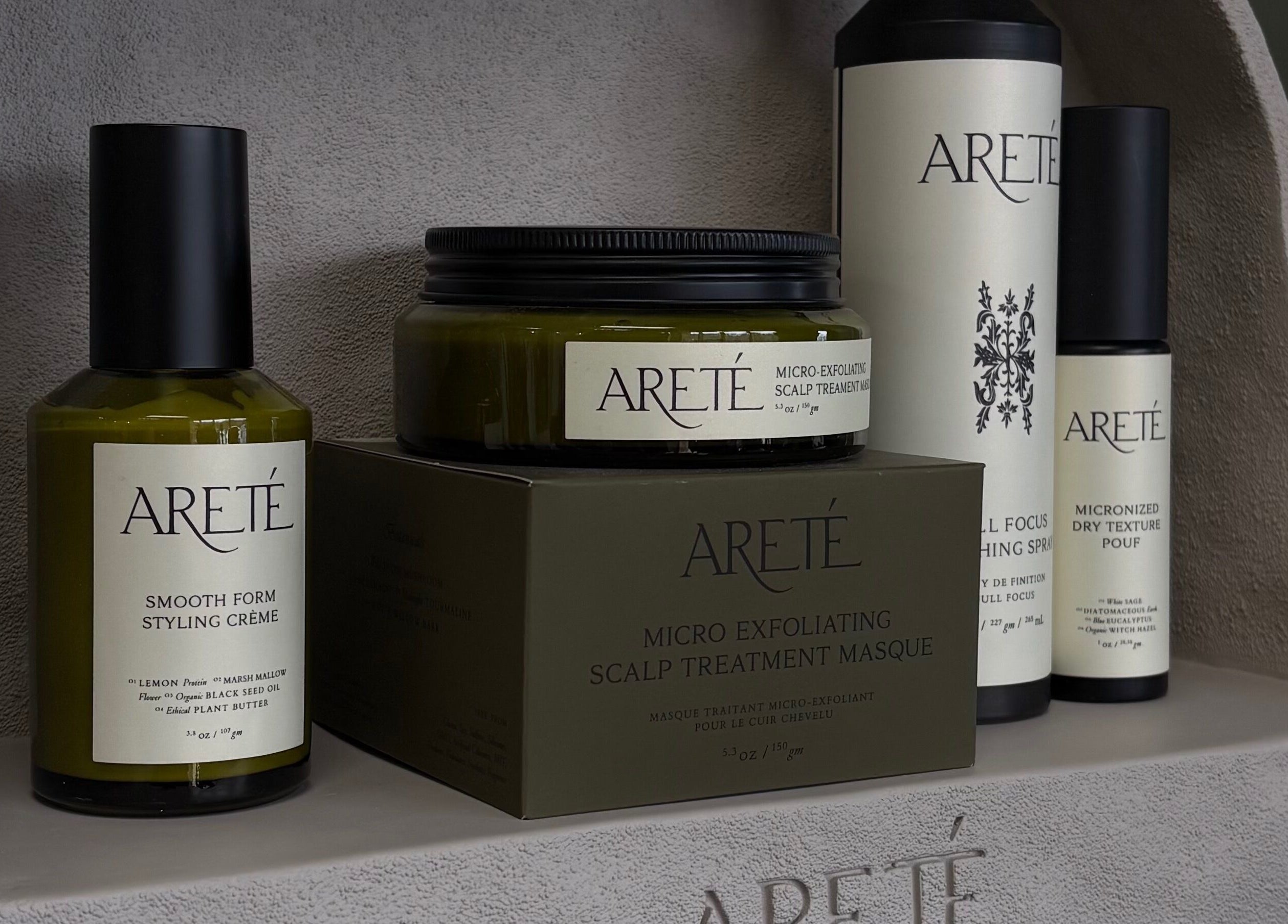Areté beauty products displayed at Unorthodox Salon, Taylors, South Carolina, US.