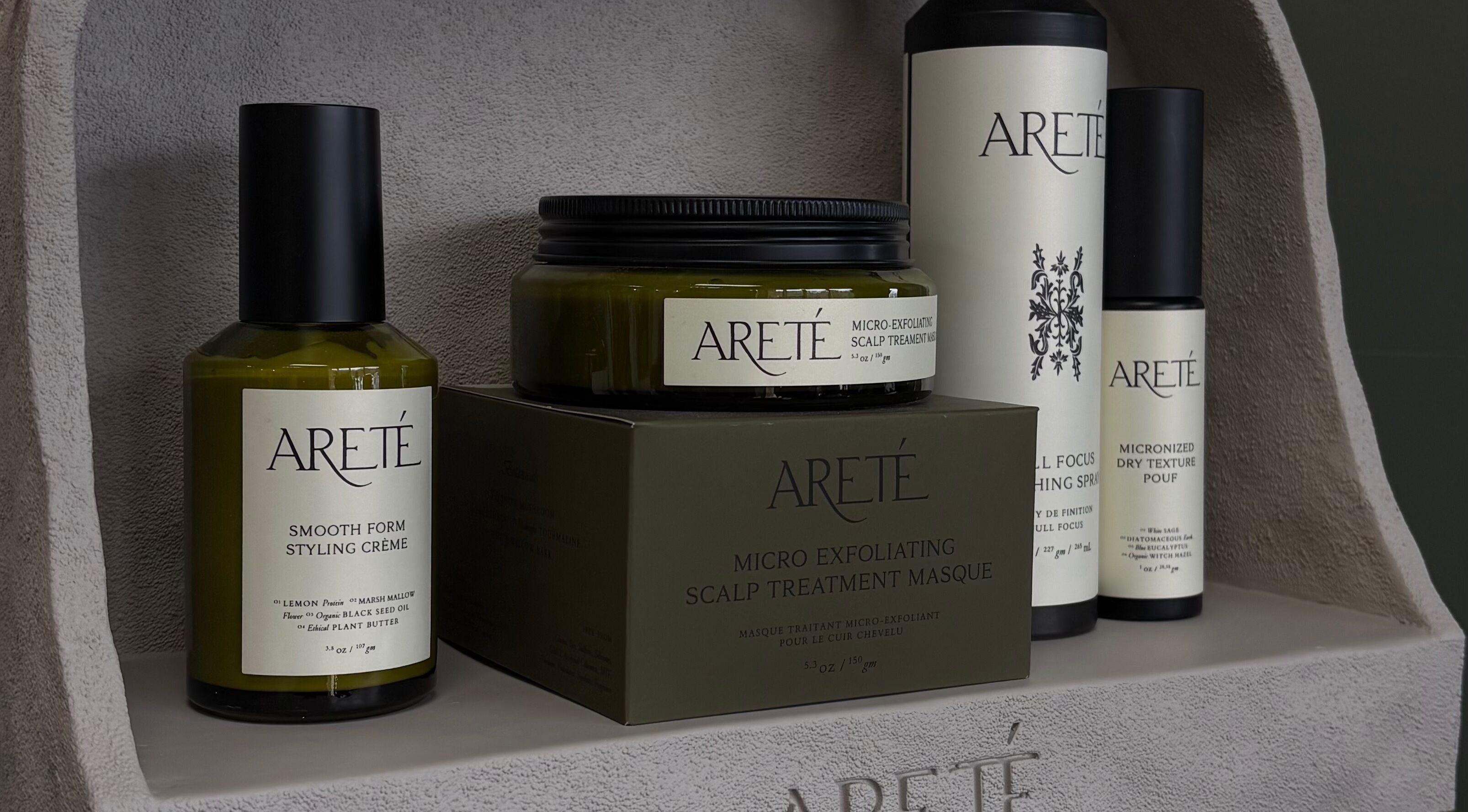 Areté beauty products displayed at Unorthodox Salon, Taylors, South Carolina, US.