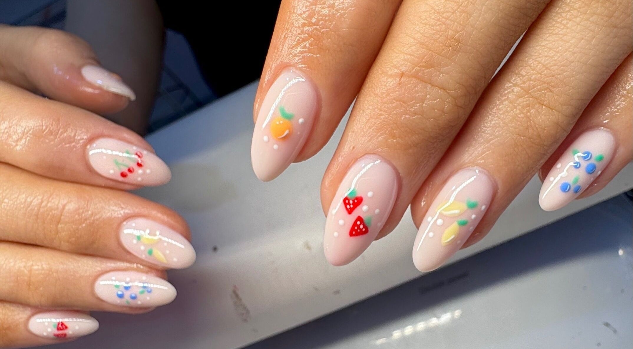 Vibrant fruit nail art by Molly Hannah Nail Tech, Cookley, England, GB.