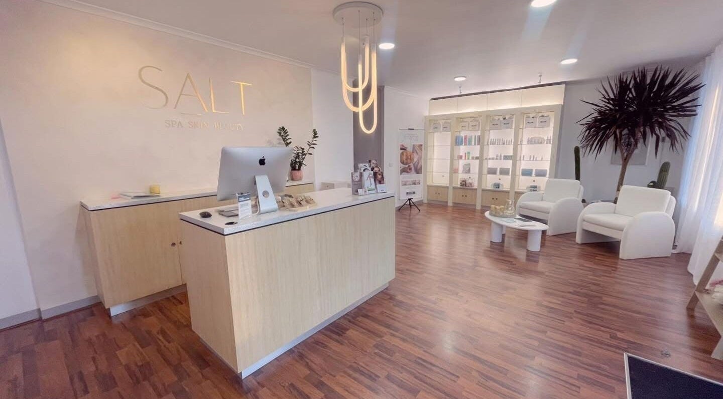 Chic reception area at SALT Spa Skin Beauty in Portland, Victoria, AU with modern decor and seating.