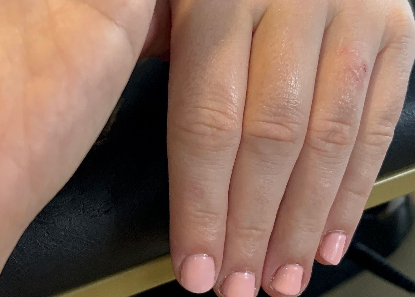 Close-up of pink manicured nails at By Keeley, Leicester, England, GB.