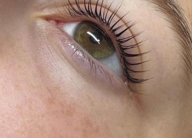 Close-up of an eye with enhanced lashes at Catherine’s Head2Toe in Kalamazoo, Michigan, US.