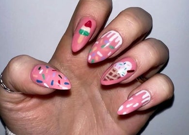 Ice cream nail art at Radiance By Becca, Halifax, England, GB - playful pinks with sprinkles.
