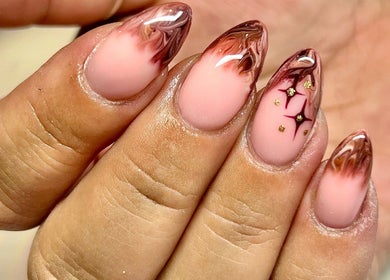 Elegant pink and brown nail art from Radiance By Becca in Halifax, England, GB.