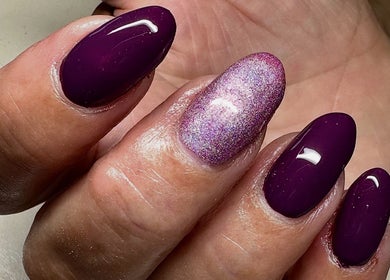 Purple gel nails with shimmer detail at Radiance By Becca in Halifax, England, GB.