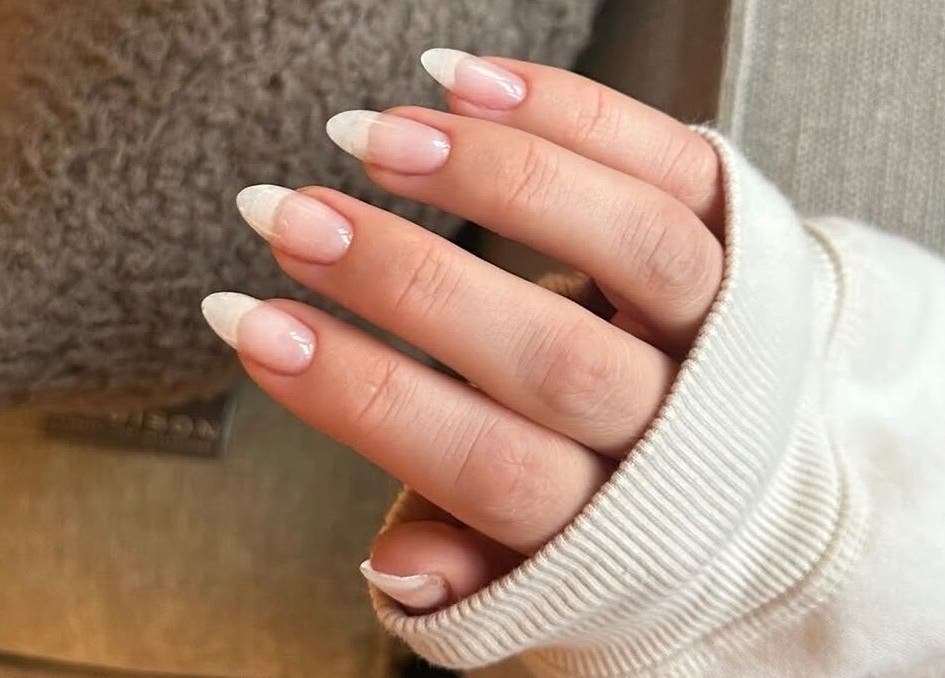 Close-up of elegant nude manicure at The Sulking Room, Horsham, England, GB.