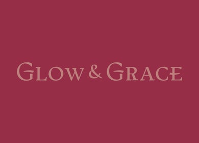 Glow & Grace - Home Service logo against a crimson background, showcasing elegance in Riyadh, SA.