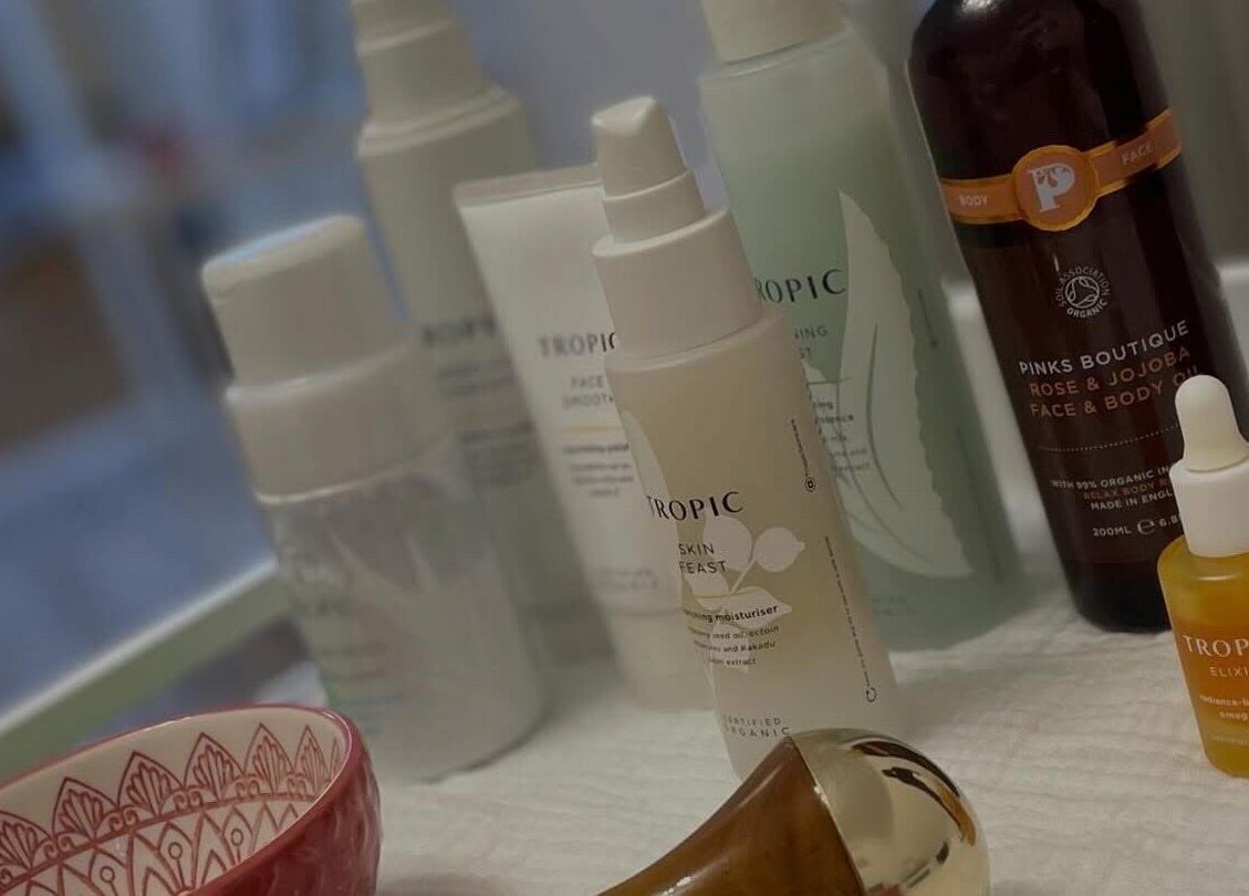 A collection of organic skincare products at Sarah Emily Holistics, Helpston, England, GB.