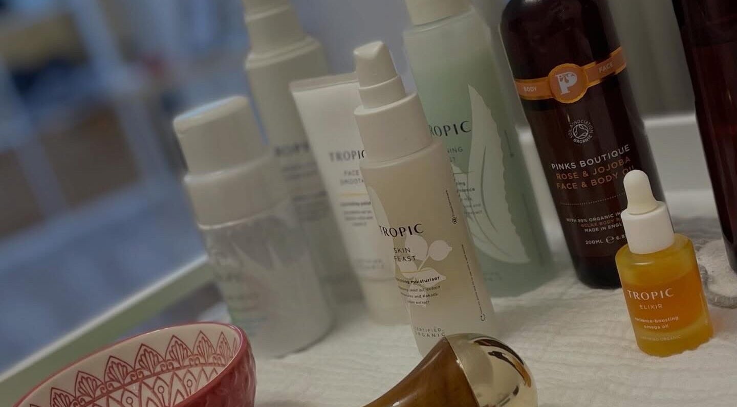 A collection of organic skincare products at Sarah Emily Holistics, Helpston, England, GB.