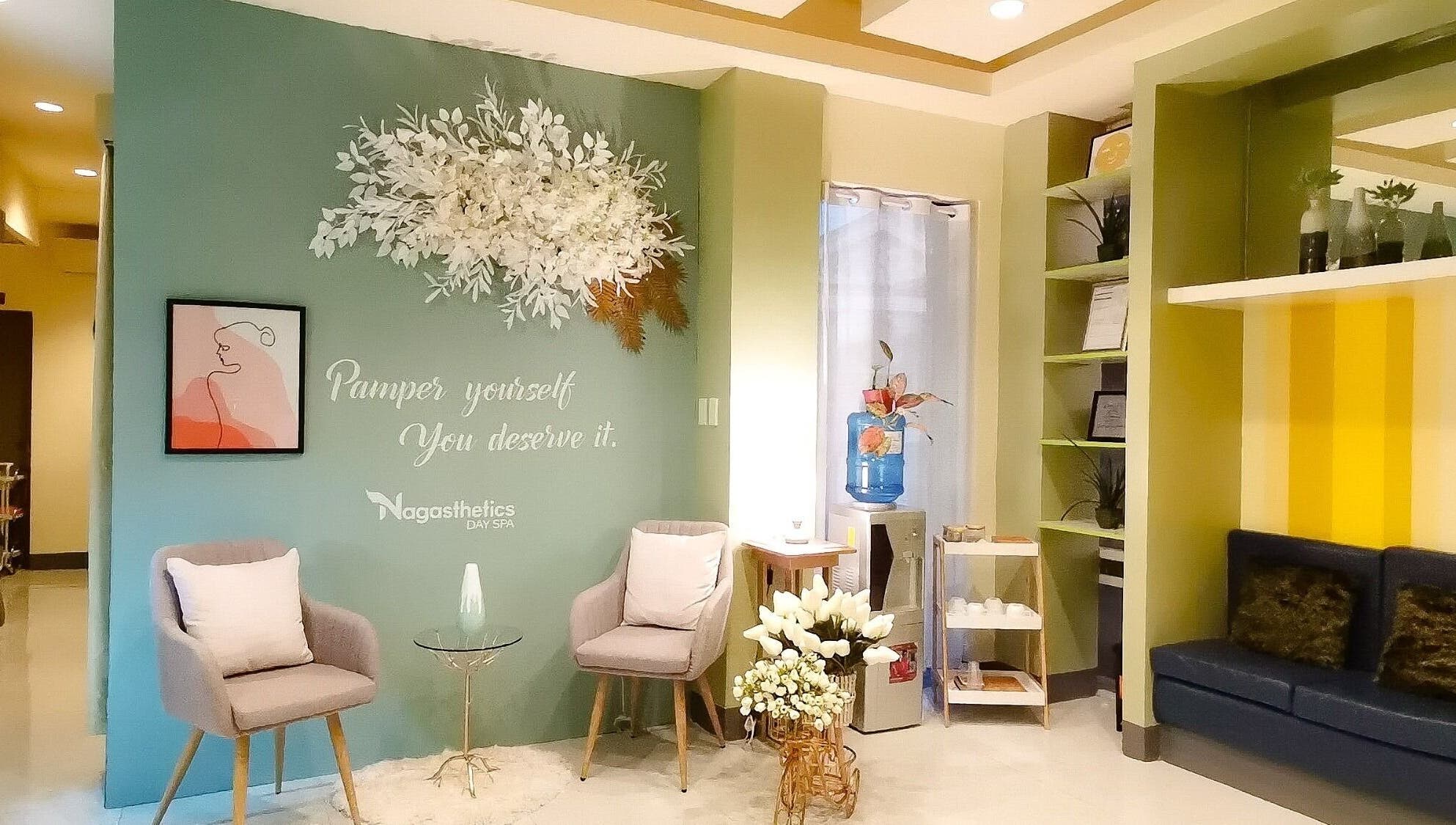 Relaxing seating area at Nagasthetics Day Spa in Naga, Bicol, PH with elegant decor and soothing colors.