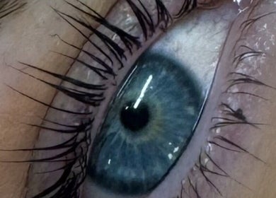 Close-up of enhanced eyelashes at Superfine Cosmetics, Ruthin, Wales, GB. Highlighting beauty treatments.
