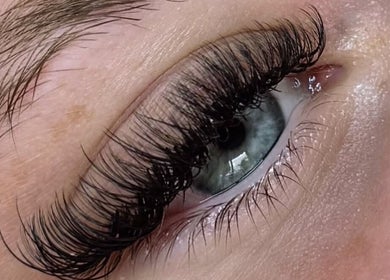 Close-up of eye with lush eyelashes at Superfine Cosmetics in Ruthin, Wales, GB.